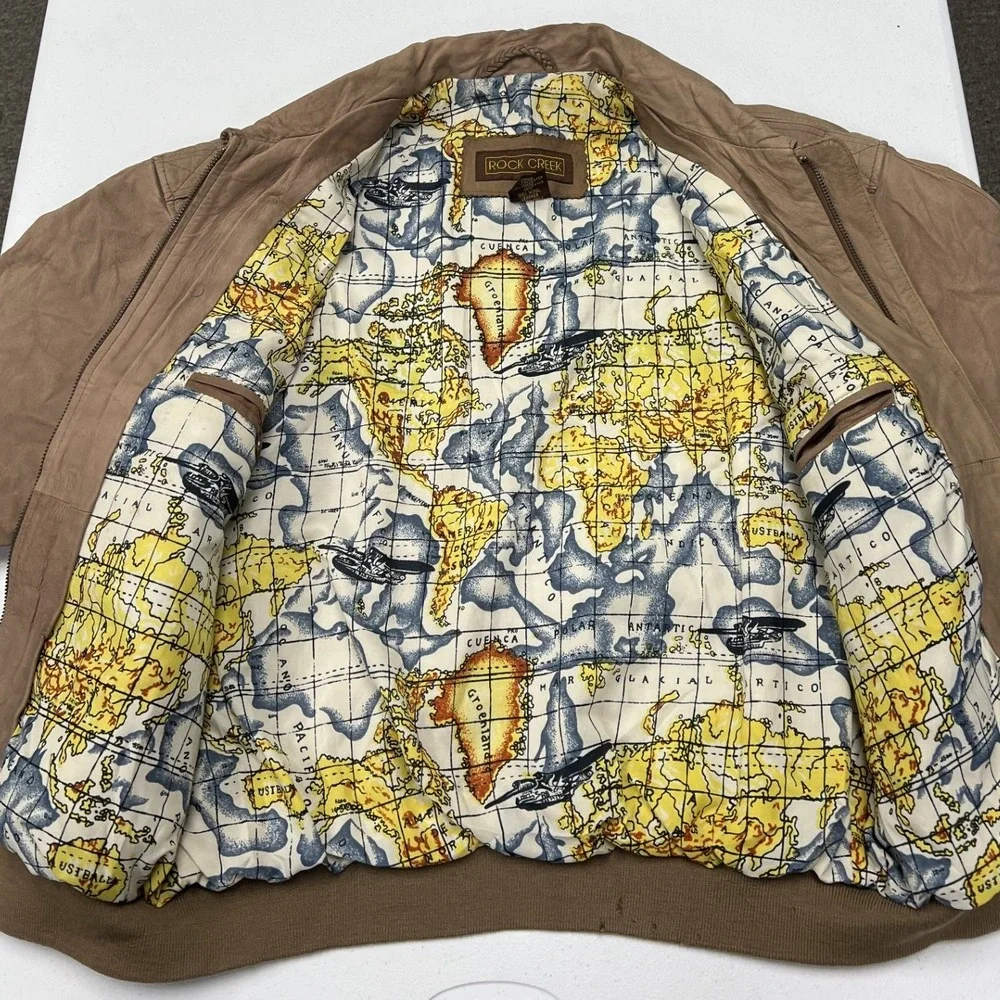 Rock Creek Leather Bomber Jacket Mens M Tan Vintage Map Lining Distressed E2